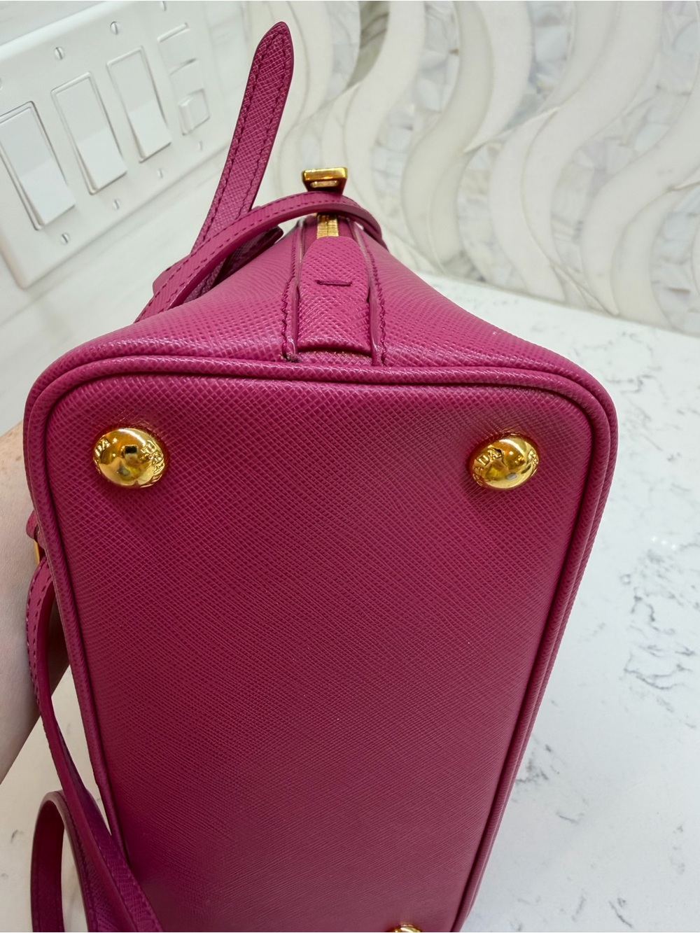 Prada Magenta Saffiano Mini Pyramid Bag with Gold Hardware. Excellent pre-loved. - Picture 13 of 15